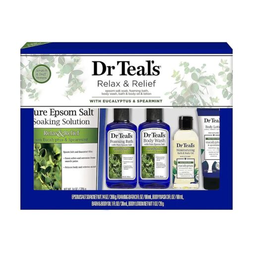 Dr Teal 's Eucalyptus Bath Gift Set - Give the Gift of Relaxation - Contains Epsom Soak, Foaming Bath, Body Wash, Body Oil & Lotion - At Home Spa Kit With Essential Oils