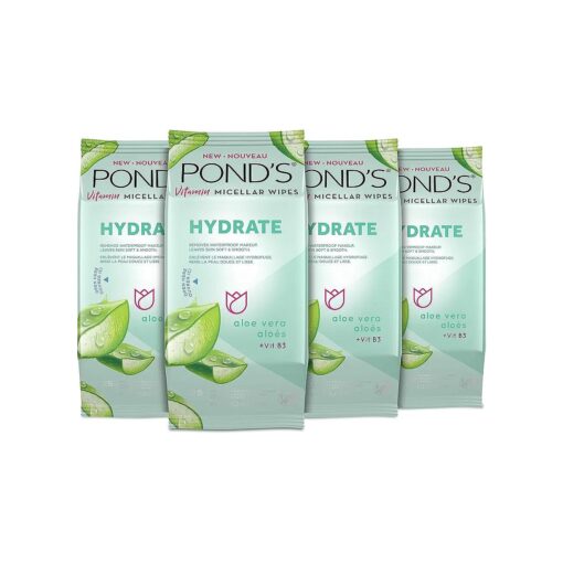 Pond 's Vitamin Micellar Makeup Remover Wipes for Dry Skin, Skin Care Hydrating Aloe Vera Daily Face Wipes Remove Dirt, Waterproof Makeup, 25 Count, 4 Pack