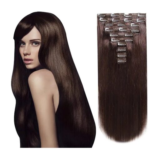 Clip in Real Human Hair Extensions, 14 Inch 120 Grams/4.2 Ounce 10 Pieces with 22 Clips per Set ( # 2 Dark Brown )