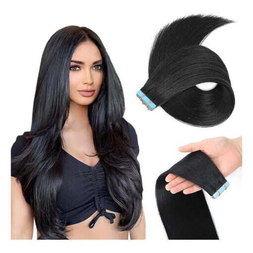 Evala Tape in Hair Extensions Human Hair Black Remy Hair Extensions # 1B Natural Black Hair Extensions 20pcs 50g Straight Tape in Human Natural Hair 18 Inch