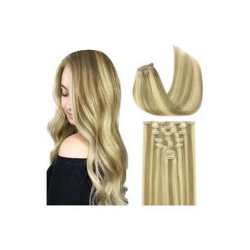 GOO GOO Clip in Hair Extensions Real Human Hair, 14inch 120g 7Pcs, 16/22 Light Blonde Highlighted Golden Blonde, Remy Human Hair Extensions Clip ins for Women, Natural Human Hair