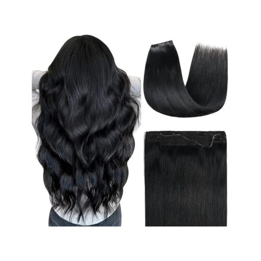 YILITE Wire Hair Extensions Human Hair 14 inches 80g Silky Straight # 1 Jet Black Remy Human Hair Halo Extensions One Hair Piece Wire Hair with Fish Line