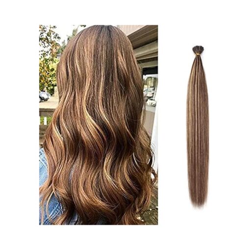 Benehair I Tip Hair Extensions Human Hair 20 Inch Cold Fusion Hair Extensions Medium Brown & Dark Blonde # 4 & 27 Pre Bonded Hair Extensions Remy Straight Stick Tip Real Human Hair Extensions 100 Strands 50g