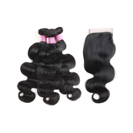 ISEE Hair Unprocessed Virgin Brazilian Body Wave Human Hair Extension Weave 3 Bundles With 4x4 Free Part Lace Closure Remy Human Hair Body Wave Natural Black ( 20" & 22" & 24" with 18" closure )