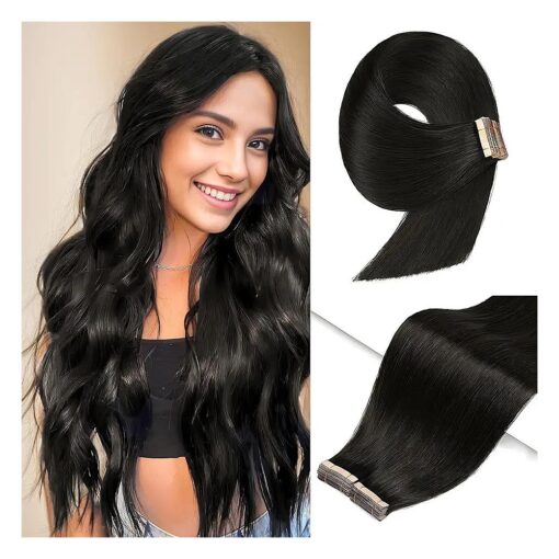 Tape in Hair Extensions Human Hair, Natural Black 20pcs 14 Inch Tape Ins for Women Human Hair Extensions Tape in Straight Seamless Skin Weft Remy Tape in Hair Extensions ( 1B #, 14 Inch )