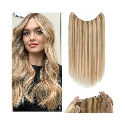 Rich Choices Wire In Hair Extensions Human Hair One Piece Secret Fish LineHalo Hair Extensions Real Human Hair With 2 Clips Long Straight 16Inch # 12P613 Golden Brown & Bleach Blonde 60g