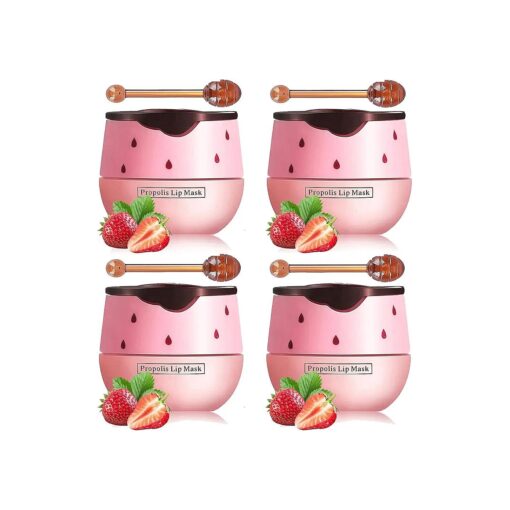 Honey Lip Balm Pot, Propolis Lip Mask, Strawberry Hydrating Propolis Lip Sleeping Mask, Prevent Dry & Cracked, Lip Repair Nourishes the Lip Skin ( 4pcs Strawberry )