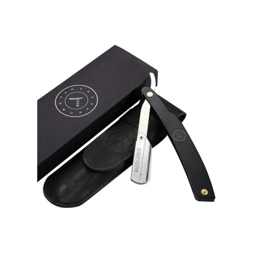 Best Shavette Straight Razor - Replaceable Blade Straight Razor, Metal Handle Shavette, No Stropping & Honing Needed, Great Starter Blade, Hygienic, Close Shave, Leather Case ( Black )