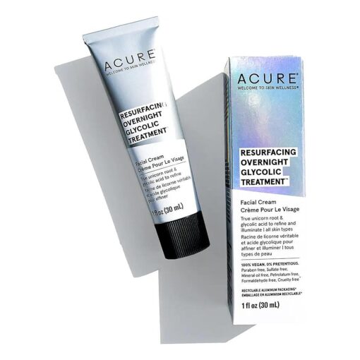 ACURE Resurfacing Overnight Glycolic Treatment - Night Dewy Glow Cream with Moonstone, True Unicorn Root, Glycolic & Lactic Acid Formula - Refines, Resurfaces and Improves Skin Tone & Texture - 1 Fl Oz