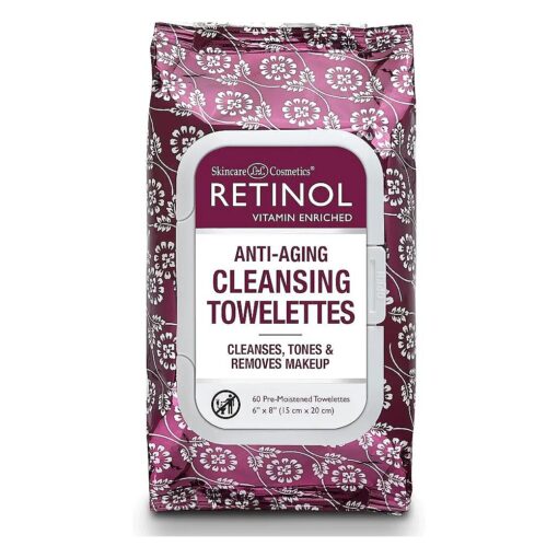 Retinol Anti-Aging Cleansing Towelettes - All-in-One Cleanser, Toner & Makeup Remover in a Convenient Pre-Moistened Wipe - On-The-Go Exfoliating, Toning & Hydrating Leaves Skin Clean, Fresh & Refined