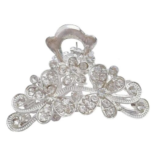 Retro Flowers Hair Claw Clip for Women Lady Vintage Alloy Rhinestone Hair Jaw Clips Hairpin Fancy Hair Clamp ( Silver )