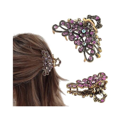 CROWN GUIDE Vintage Rhinestone Hair Claw Crystal Jaw Clips, Metal Alloy Fancy Hair Barrette Decorative Flowers Hair Clasps Accessories for Women Thick Hair Purple