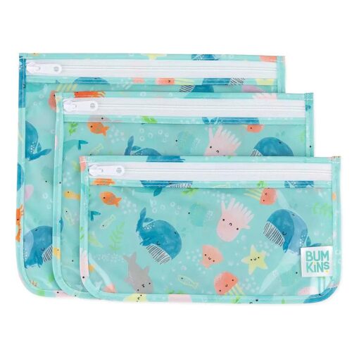 Bumkins Travel Bag, Toiletry, TSA Approved Pouch, Zip Bag, Quart Size Airline Compliant, Clear-Sided, Baby, Diaper Bag Organization, Makeup, Accessories, Packing, Set of 3 Sizes, Ocean Life Blue