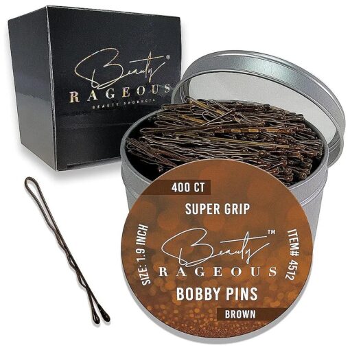 Super Grip Bobby Pins - Brown ( Approx, 400 Count ) - Womens Bobby Pins 1.9 Inch - Easy, Secure, All Hair Types - Handy Reusable Tin