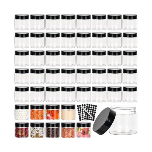 50pcs 2 oz Clear Plastic Round Jars with Black Lids, 2oz 60ml Leak-Proof Wide-Mouth Cosmetic Storage Containers for Kitchen Use, Beauty Products, Cream, Scrubs, Bath Salt and More