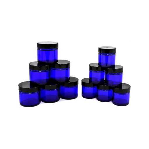 Combination 12 Pack of Cobalt Blue 1oz & 2oz Glass Straight Sided Jars, Lids Included ; Empty Refillable Containers for Cosmetics, Creams, Lotions