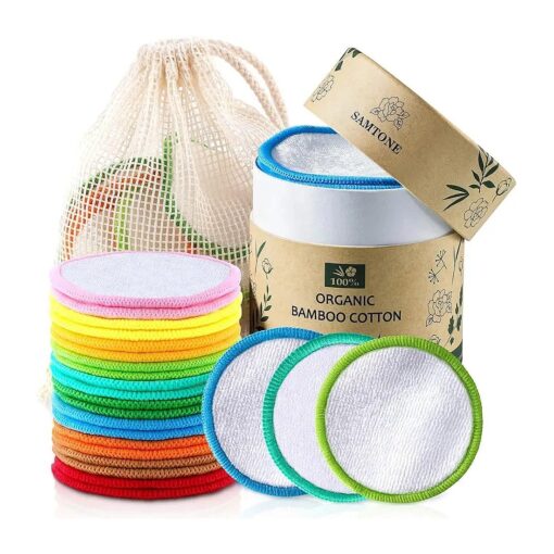 Samtone Reusable Makeup Remover Pads 20 Pack with Cotton Laundry Bag and Round Box - Organic Face Cleansing Reusable Cotton Rounds for Toner, Washable Eco-Friendly Bamboo Cotton Pads Diameter 8cm