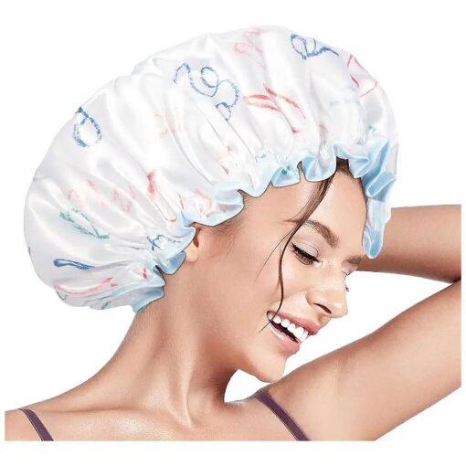 Aquior Shower Caps, Reusable Shower Cap for Women, Double Layer Waterproof Hair Cap, Large Size for All Hair Lengths Non-fading Bathing Shower for Ladies