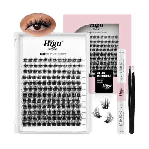 Higu clace DIY Eyelash Extension Kit, 144pcs D Curl Lash Clusters, 8-16mm Softy Cluster Lashes, with Lash Bond and Seal, Lash Tweezers, Reusable Fluffy Cluster Eyelash Extension Kit ( R-08 Kit )