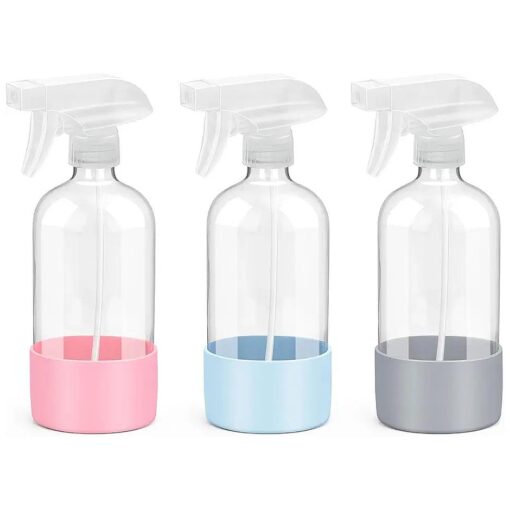 Glass Spray Bottles with Silicone Sleeve Protection, Empty 16 oz Refillable Containers, Reusable Spray Bottles with Adjustable Nozzle for Hair, Cleaning Solutions, 3 Pack Grey & Blue & Pink