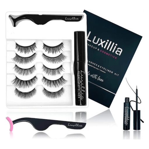 Luxillia Magnetic Eyelashes with Eyeliner, Most Natural Looking Magnetic Lashes Kit with Applicator, Best 8D, 3D Look, Reusable Fake Eye Lash, No Glue, Strongest Waterproof Liquid Liner