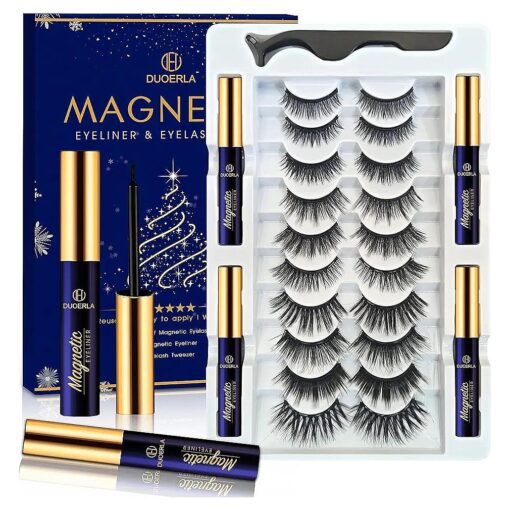 DUOERLA Magnetic Lashes with Eyeliner and Applicator, 10 Pairs Reusable Magnetic Eyelashes Kit and 4 Tubes of Waterproof Magnetic Eyeliner, [ Upgraded ] 3D Natural Look, Strong Hold, Easy to Apply