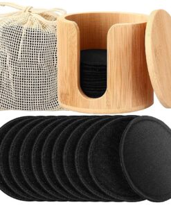 Foaincore 40 Pcs Cotton Rounds Reusable Makeup Remover Pads Natural Washable Bamboo Cotton Rounds Reusable Makeup Wipes Washable Make up Pad for Toner with Bamboo Holder and Laundry Bag ( Black )