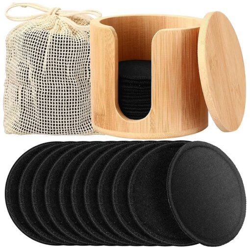 Foaincore 40 Pcs Cotton Rounds Reusable Makeup Remover Pads Natural Washable Bamboo Cotton Rounds Reusable Makeup Wipes Washable Make up Pad for Toner with Bamboo Holder and Laundry Bag ( Black )