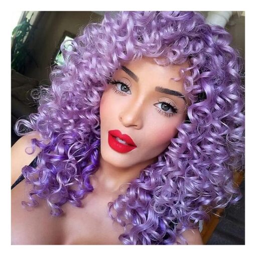 andromeda Short Curly Wigs for Black Women Soft Purple Curly Wig with Bangs Afro Loose Cute Curls Heat Resistant Natural Looking Synthetic Wig for African American Women ( Purple )