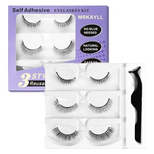 6Pcs Self adhesive eyelashes, False Eyelashes Natural Look, reusable adhesive eyelashes, reusable self adhesive eyelashes-Waterproof wispy lashes with Tweezers - No Glue Needed ! Gift for Beginners !