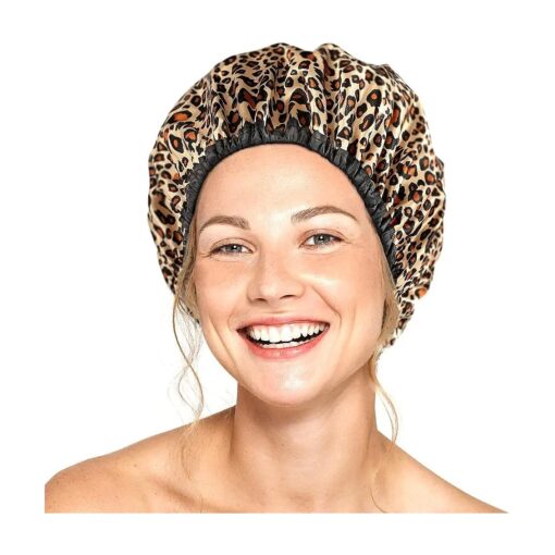 Shower Cap for Women in Brown Color With Leopard Print - Large Opening for Short and Long Hair - Reusable Bath Hair Cap for Ladies, Men and Kids