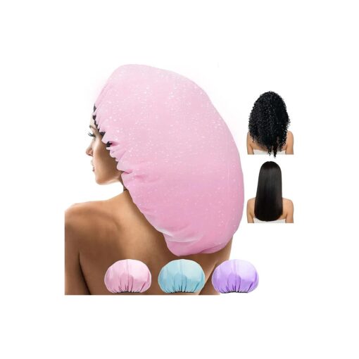 3 Pcs 15" Super Jumbo Shower Cap, Reusable Dual Waterproof Shower Cap for Women, Extra Large Satin Lined Shower Cap for Braids & Long Hair, XL Adjustable Hair Cap for Locs Dreadlocks Music