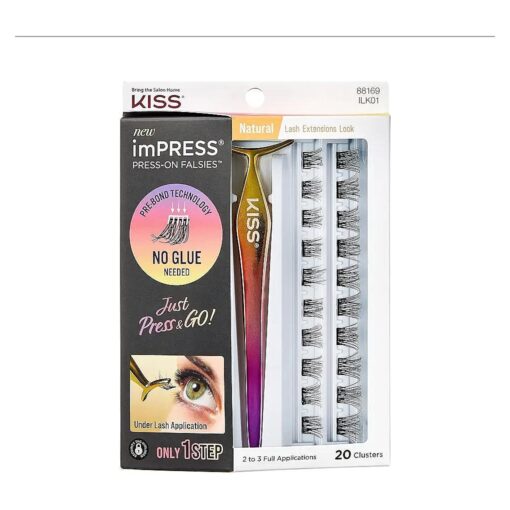 KISS imPRESS Falsies False Eyelashes, Lash Clusters, Natural ', 12 mm, Includes 20 Clusters, 1 applicator, Contact Lens Friendly, Easy to Apply, Reusable Strip Lashes