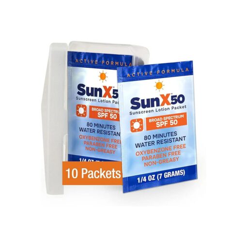 Sun X 50 Travel Sunscreen Packets ( 0.25 Fl Oz, ) with Carrying Case - Pack of 10 SPF 50 Paraben, Oxybenzone, & White Cast Free Travel Size Sunscreen Packets - Water & Sweat Resistant Up To 80 Minutes