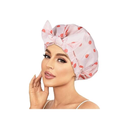 Shower Cap Luxury Shower Caps for Women Reusable Waterproof Hair Cap for Shower with Adjustable Bowknot Hair Bath Cap ( Pink )