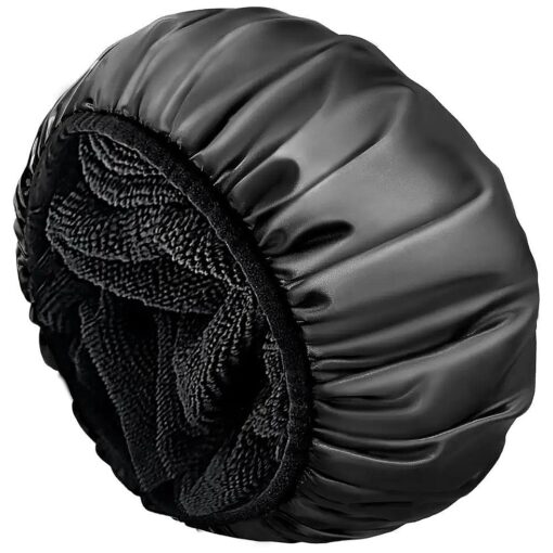 Aquior Shower Cap, Terry Lined Shower Cap for Women Reusable, Triple Layer Waterproof Bath Cap, Extra Large for Women Long Hair ( Black )