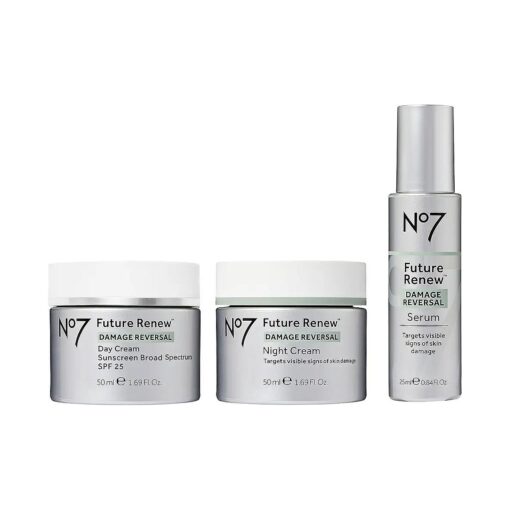 No7 Future Renew Damage Reversal Skincare Set - Anti Aging Face Serum ( .33 Fl Oz ), Day Cream with SPF 25 ( 1.69 Fl Oz ) & Night Cream ( 1.69 Fl Oz ) - Reverses Visible Signs of Aging - 3-Piece Set