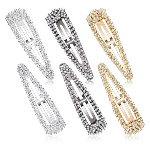 6 Pieces Rhinestone Hair Clips 3 Inch Snap Hair Barrettes Bridal Hair Barrettes Pins for Women Girls Wedding Hairpins Hair Accessories ( Black, Silver, Gold )