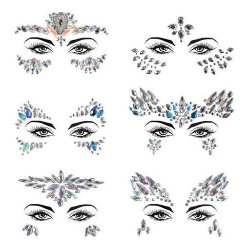 Face Gems, 6 Sheets Mermaid Face Jewels for Makeup Rave Festival Halloween Stick on Face Body Self Adhesive Rhinestone Gemstones Stickers