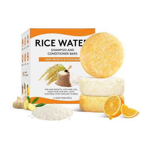 Rice Water Shampoo Bars and Conditioner Set for Hair Growth, Nature Organic Ginger Rice Water Shampoo Bar, Orange Solid Soap Hair Strengthening Conditioner, Anti Hair Loss, PH Balanced