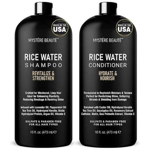 Rice Water Shampoo and Conditioner Set - Ultra-Nourishing Hair Care Set, Promotes Growth, Revitalizes Shine, and Shields from Damage - Infused with Essential Oils - 16 fl oz Each