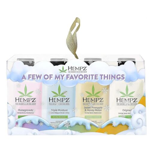 Hempz A Few of My Favorite Things ( 2.25 Oz 4 Pack ) Pomegranate, Triple Moisture, Pineapple & Melon, & Floral Banana Moisturizer - Holiday Mini Travel Lotion for Women or Men with Dry or Sensitive Skin