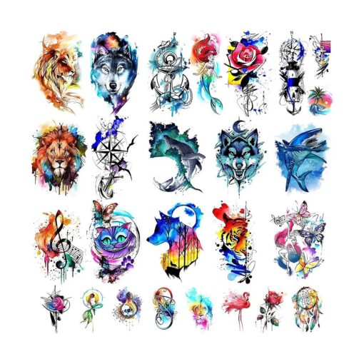 48 Watercolor temporary tattoos for adult and kids, Arm tattoo, body tattoo, watercolor lion wolf mermaid cat tiger, waterproof temporary tattoos realistic for women girls and kids, colourful