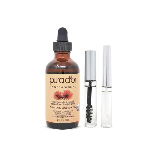 PURA D'OR Organic Castor Oil ( 4oz + 2 BONUS Pre-Filled Eyelash & Eyebrow Brushes ) 100 % Pure, Cold Pressed, Hexane Free Serum For Fuller, Thicker Lashes & Brows & Moisturizes Skin