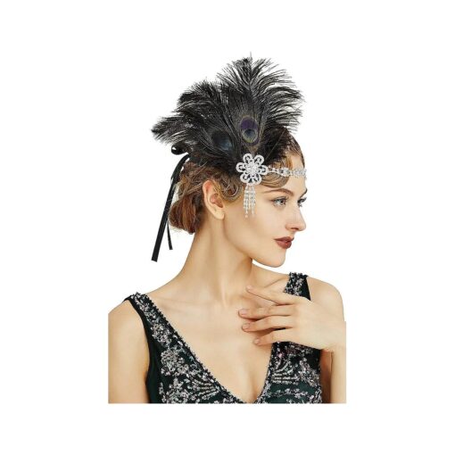 BABEYOND Vintage 1920s Flapper Headband Roaring 20s Great Gatsby Headpiece with Peacock Feather 1920s Flapper Gatsby Hair Accessories ( Black )