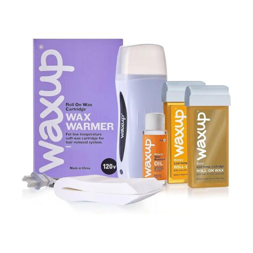 waxup Roller Waxing Kit for Women, Roll on Wax Kit for Hair Removal, Includes Wax Warmer, 25 Waxing Strips, Gold and Honey Wax Roller Kit Refill, Post Wax Oil .