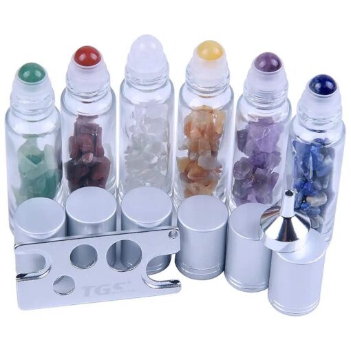 10 ml Roller Balls for Essential Oils - Small Glass Roller Bottles with Decorative Tops & Mini Tumbled Gemstone Chips Inside, 6 pcs