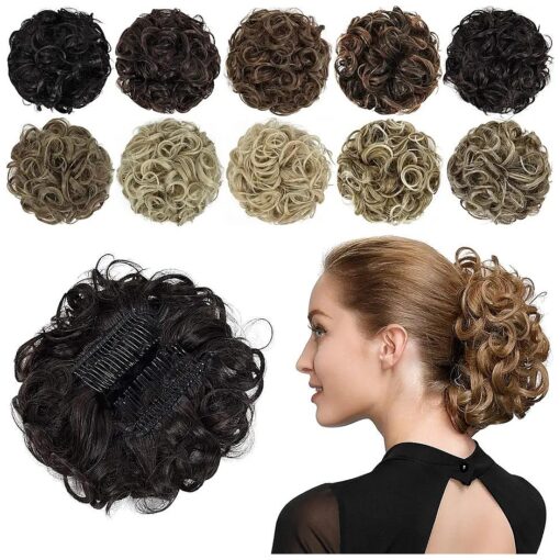 Rose bud Chignon Hairpiece Curly Bun Extensions Scrunchie Updo Synthetic Combs in Messy Bun Hair Piece for Women Dark Brown