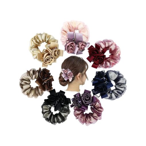 inSowni 7 Pack Sparkly Crystals Pearls Rose Flower Lace Hair Scrunchies Ties Elastics Bands Rubber Hairbands Ponytail Holders Floral Headbands Fancy Decorative Accessories for Women Girls Thick Hair