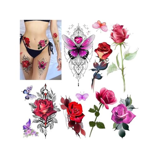 ROARHOWL Stunning rose flower temporary tattoos, large rose fake tattoos for women, rose tattoo set ( Rose 2 )